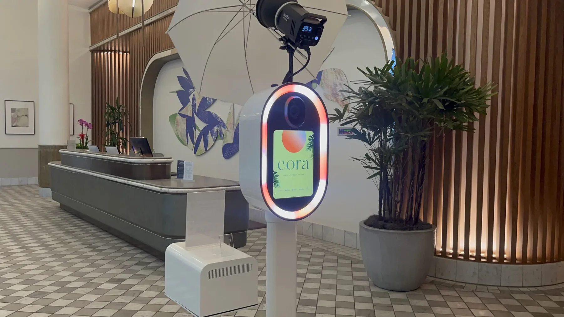 Corporate photo booth installed in a modern office lobby