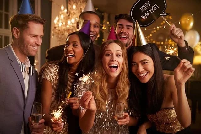 Guests holding sparklers at a Chicago photo booth on New Year's Eve